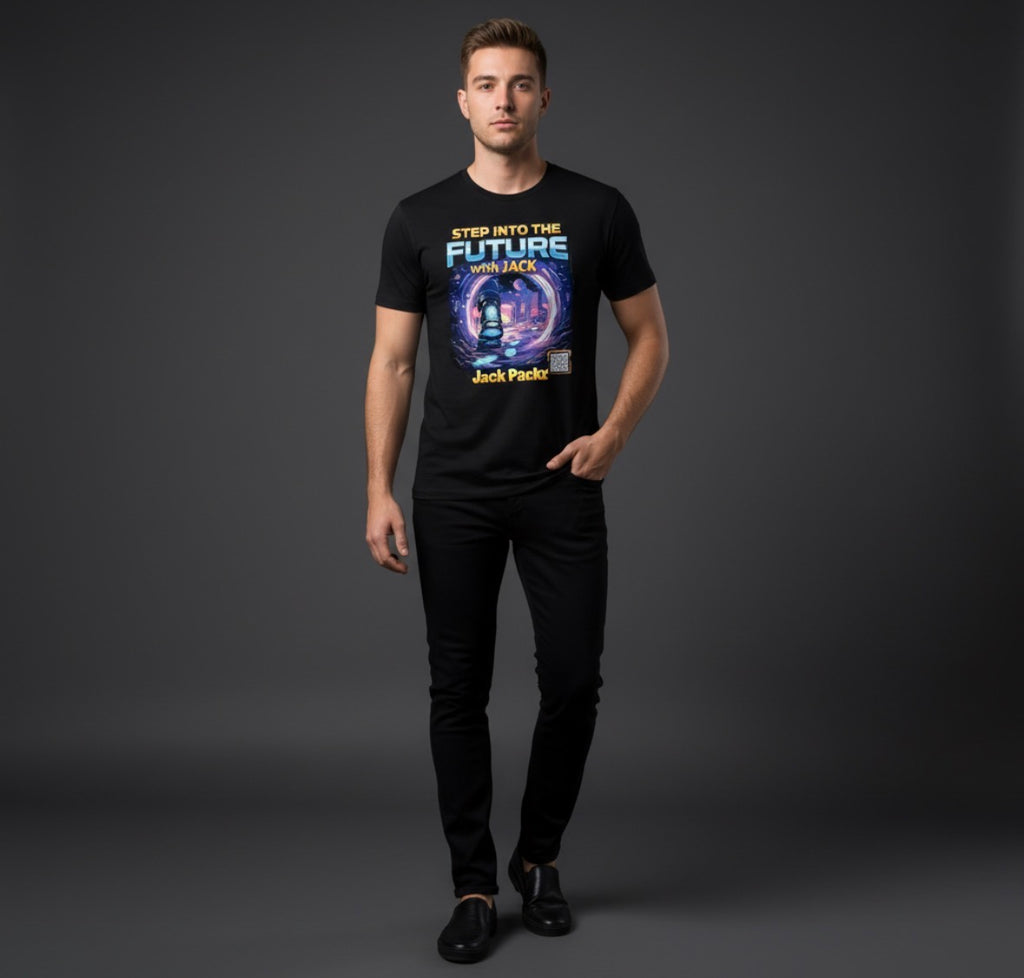 Step Into The Future with Jack tee — Drop 001, portal-black premium tee, Jack Packz