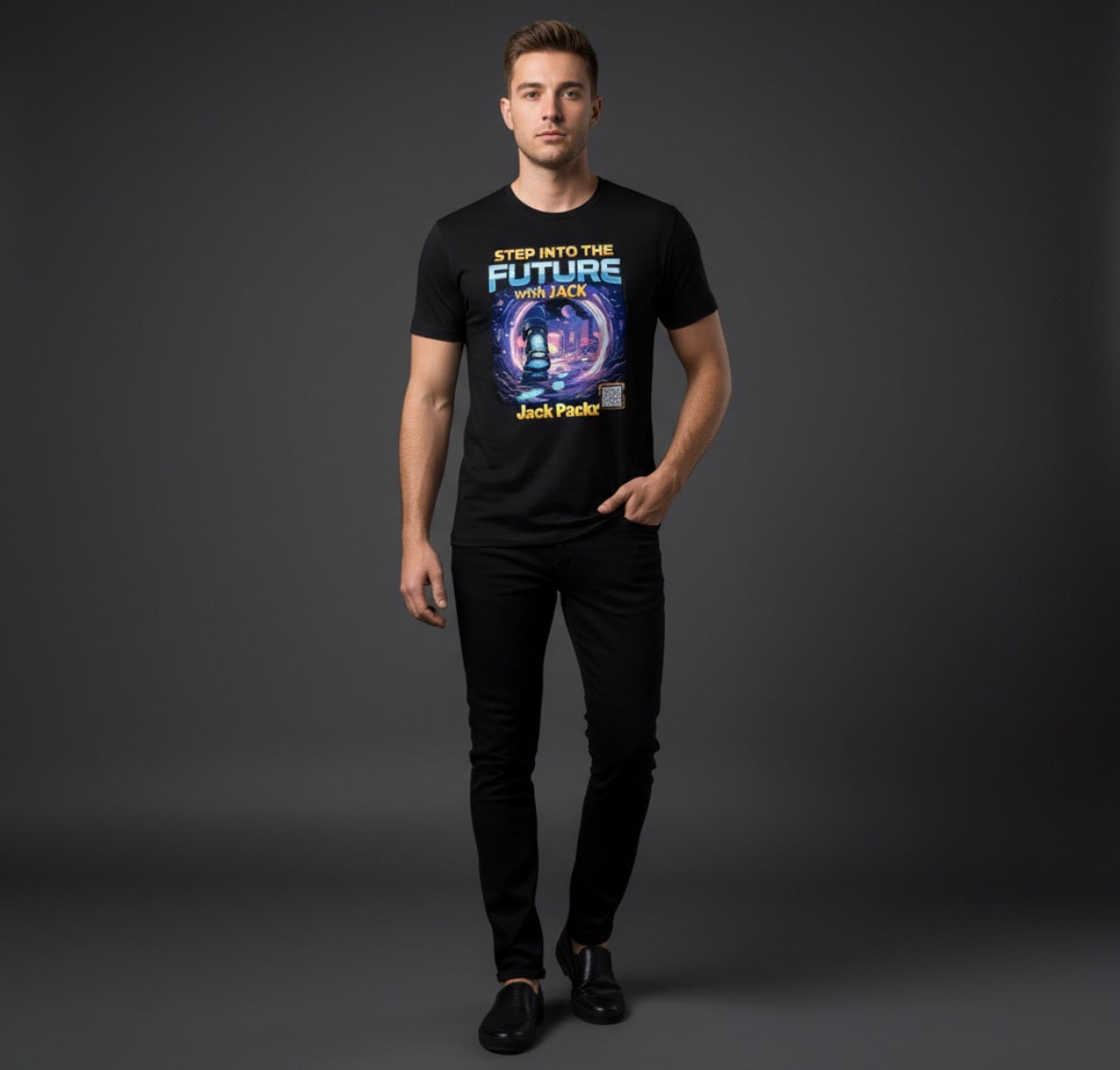 Step Into The Future with Jack tee — Drop 001, portal-black premium tee, Jack Packz